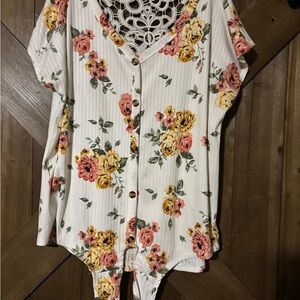 Bobbie Brooks Floral Button-Up Blouse - Pink and Yellow